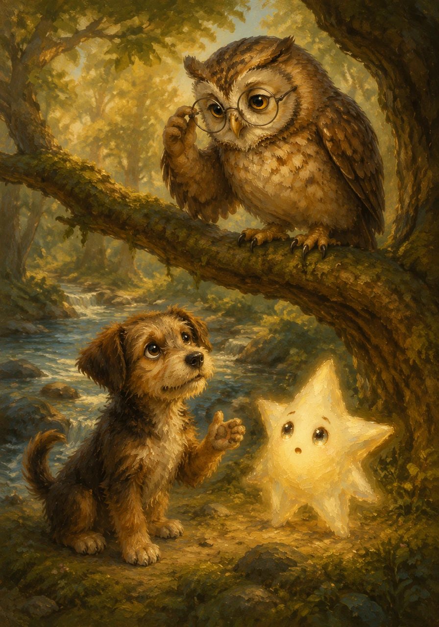 Deep in the quiet forest, they first encountered Oliver, a wise old owl perched silently on a mossy branch. Luca carefully explained their problem, and Oliver, adjusting his glasses, suggested they might find better answers on the far side of the whispering river.