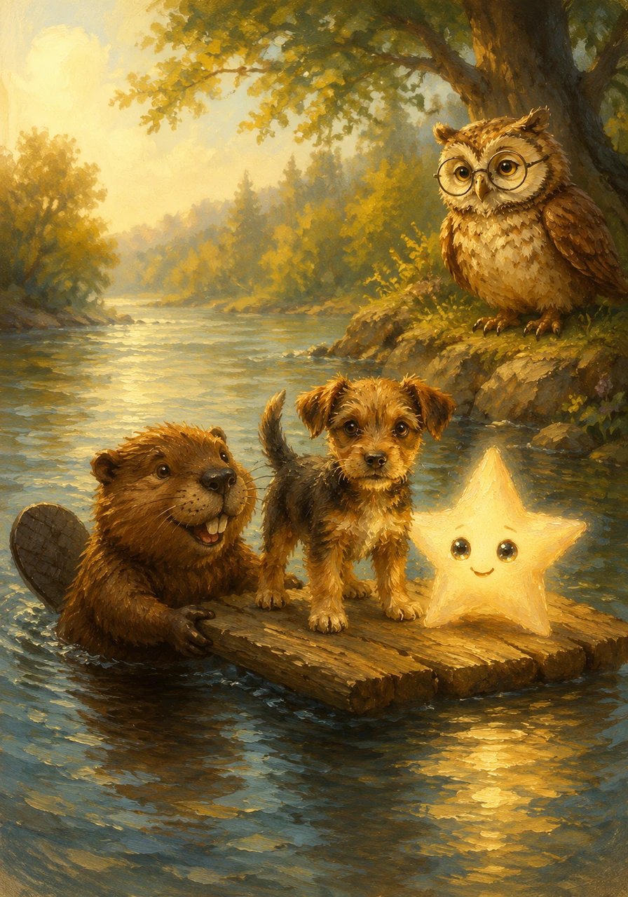 Following Oliver's advice, they reached the wide, shimmering river, where they met Bella, a friendly beaver busy chewing a log. Luca and Nova explained their quest, and Bella kindly offered to ferry them across, pushing them safely over on a sturdy piece of driftwood.