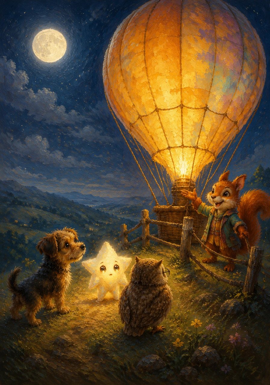 From the top of the windy hill, they spotted a magical hot air balloon tethered to a fence, glowing in the soft moonlight. The owner, a colorful squirrel, agreed that the highest point around was the perfect launching spot for a little star needing a lift.