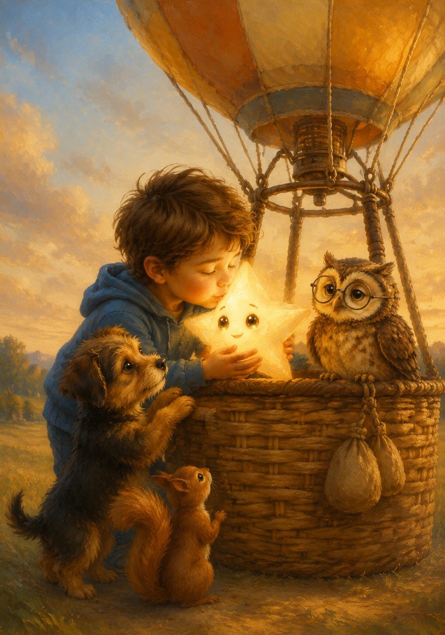 Together with all their new friends—Oliver, Bella, Milo, and the squirrel—they carefully lifted Nova into the balloon's cozy basket. Luca gave the little star one last gentle nuzzle, feeling a little sad but very proud, knowing this was Nova's way home.