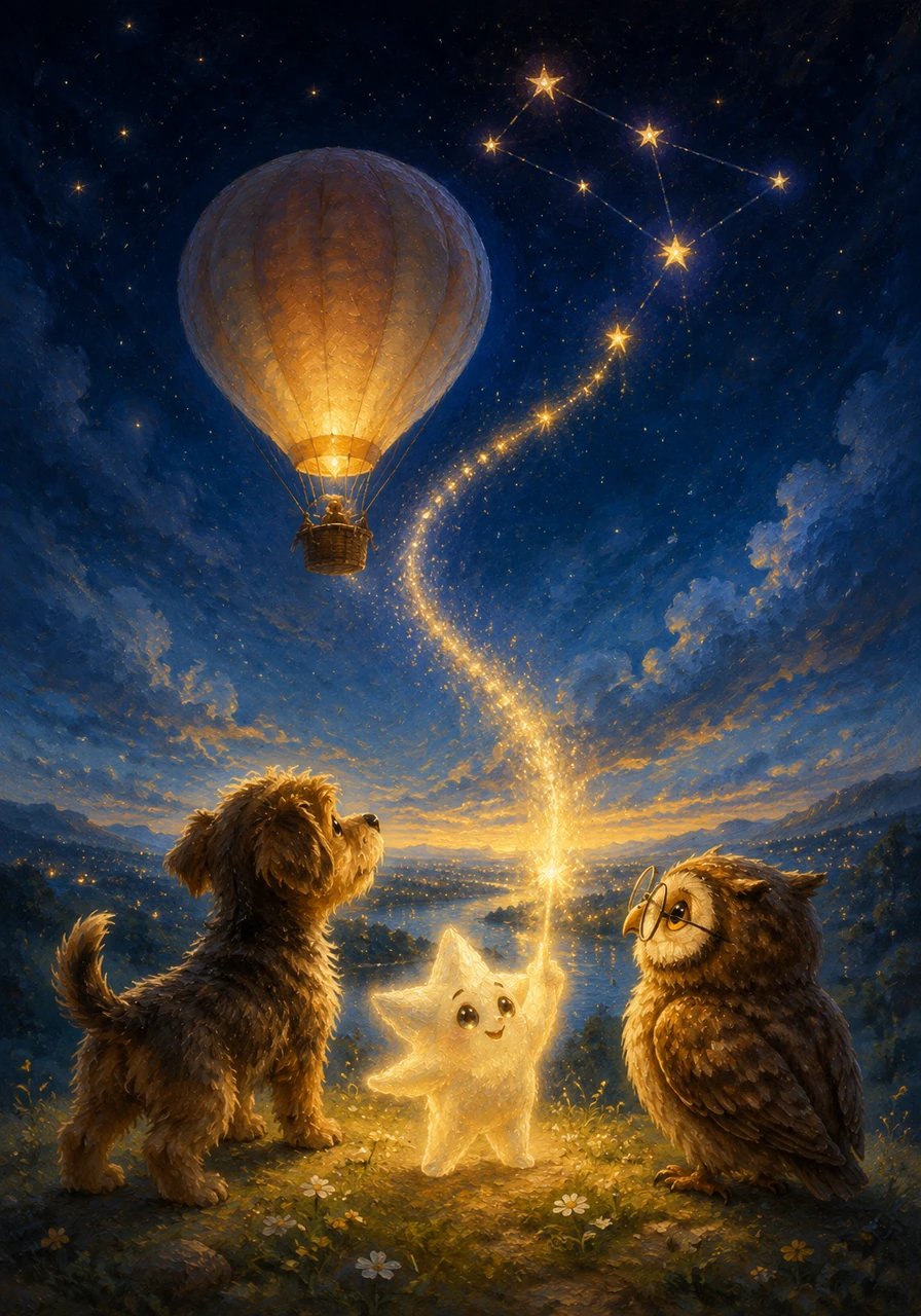 As the balloon soared silently upward, the sky above seemed to brighten in welcome. A brilliant streak of light connected Nova with its distant constellation, and Luca, standing among his friends, knew that even the smallest spark, with a little kindness and teamwork, could illuminate the whole world.