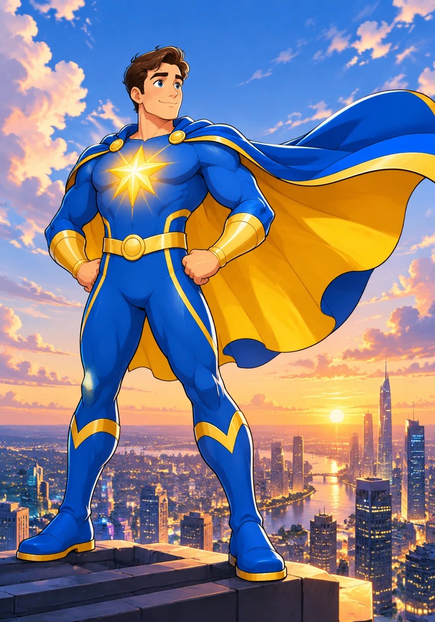 High above the glittering skyline, superhero Vincent McCauley stands tall, his vibrant blue and gold cape billowing in the breeze. Emblazoned on his chest is a luminous star of hope, glowing with warmth and cosmic energy. He spends his days scanning the world, ever ready to lend a helping hand to those who need it most.