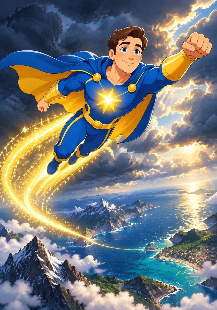 Swooping into the sky like a shooting star, Vincent streaks across vast oceans and towering mountain peaks. A trail of dazzling golden starlight traces his path, cutting through dark storm clouds to bring bright promise to distant shores.