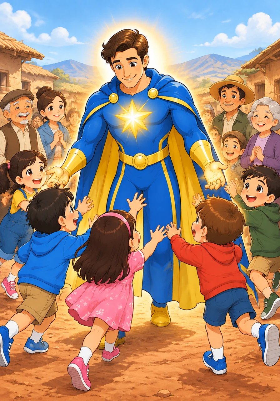 Landing gently on the dusty red soil, Vincent greets the tired villagers with a warm, encouraging smile. His radiant aura instantly lifts the spirit of the village children, who rush forward with wide eyes to welcome their new guardian.