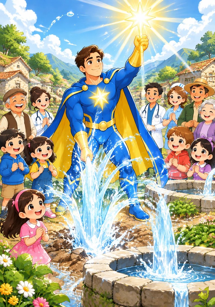 Raising his luminous emblem high into the air, Vincent strikes the parched ground with gentle precision. Instantly, a crystal-clear spring of cool, refreshing water erupts into the sky, filling new stone wells and bringing life back to the dusty gardens.