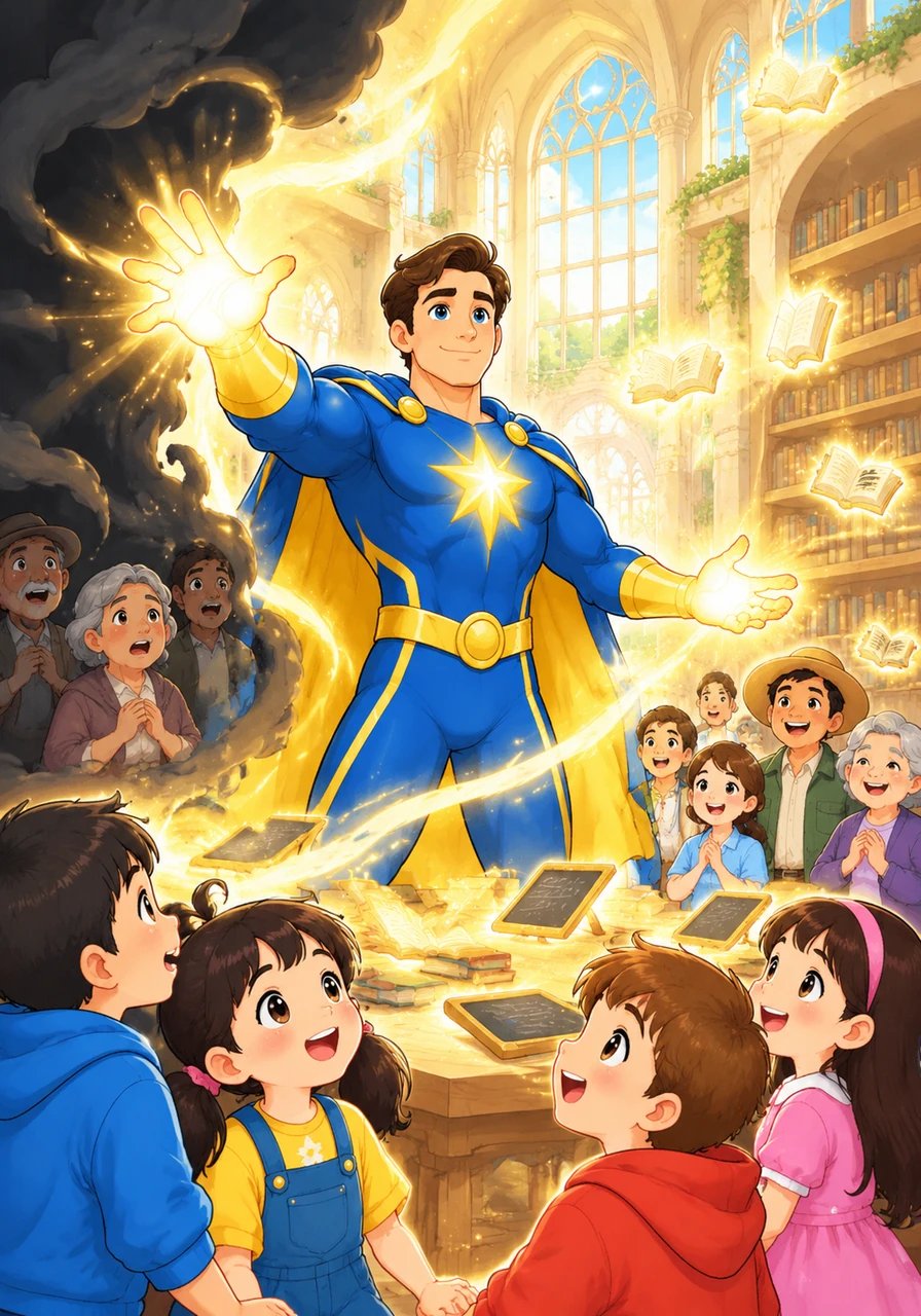 With a sweep of his glowing hands, Vincent unleashes a wave of brilliant light that banishes the gloom of ignorance. In its place, a grand hall of learning emerges, filled with glowing books and bright slates ready for eager young minds.
