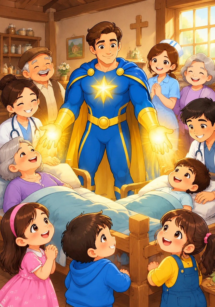 Moving to the village clinic, Vincent extends a soft, healing aura from his palms to comfort the sick and weary. The soothing light restores vigor to tired healers and brings bright smiles back to every patient's face.