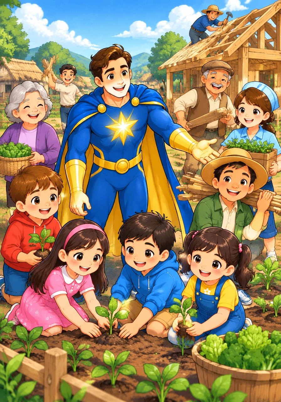 Inspired by Vincent's selfless strength, the community comes together in harmony to plant flourishing crops and build sturdy shelters. Vincent guides them with cheer, showing that the true superpower of unity lies within their own joined hands.