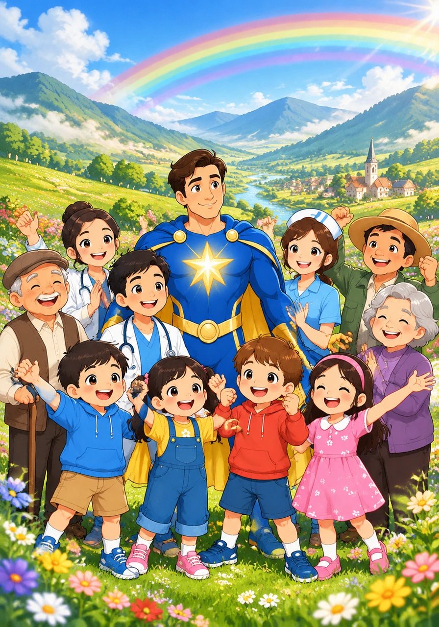 As darkness yields completely, the gray mist of sadness dissolves into a brilliant rainbow that spans the vibrant, newly rejuvenated valley. Laughter and song fill the air as the once-parched land blooms with lush greenery and colorful flowers.