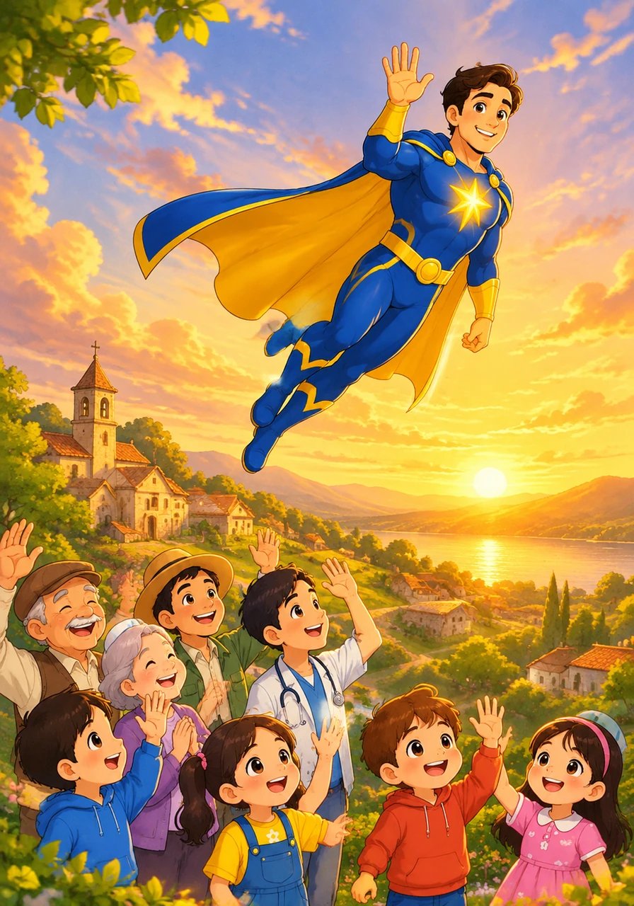 Standing proudly beside the happy villagers under a golden sunset, Vincent looks out at the thriving community he helped empower. With a joyful wave, he leaps back into the sky, reminding everyone that anyone who acts with love, kindness, and dedication is a true superhero.