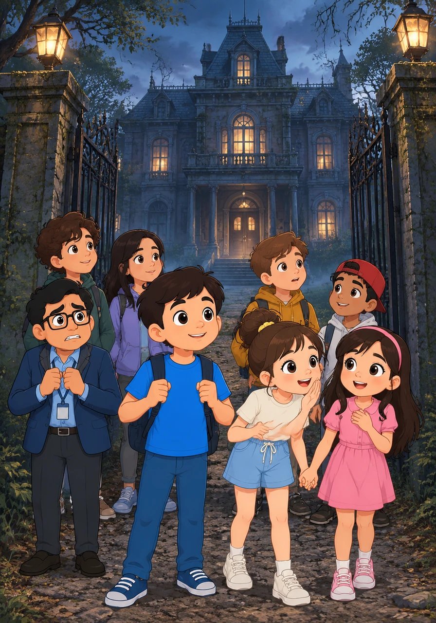 Rahul and his seven friends stood together outside the massive gates of Shanti Bhavan, an ancient mansion rumored to be haunted. 'This is it, our biggest adventure!' Maya whispered excitedly, holding Zara's hand.