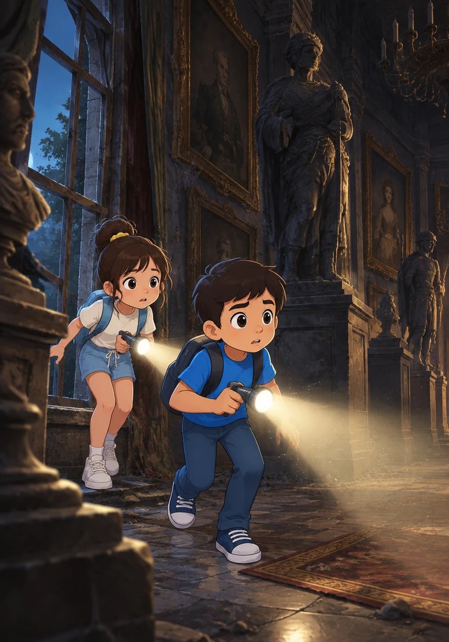 After finding a loose window, the children slipped silently into the dusty main hall, their flashlights cutting beams through the air. Grand statues stood like silent guardians, and faded portraits lined the crumbling walls.