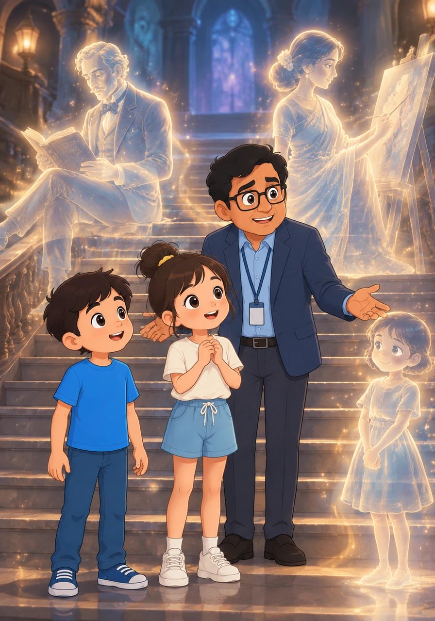 While exploring a grand staircase, they gasped as a soft glow filled the air and translucent figures appeared. A gentleman in an old-fashioned suit was reading, a woman with a shimmering saree was painting, and a small child smiled shyly. 'Don't be afraid,' the old man said gently.
