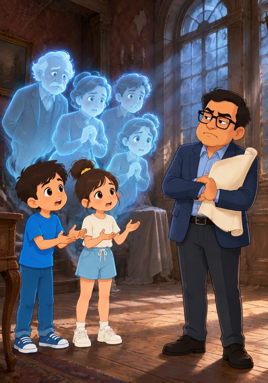 The ghosts introduced themselves and explained their home was about to be demolished to build a shopping mall. Mr. Bose, a developer, didn't believe in ghosts or history. The ghosts were worried they would have nowhere to go.
