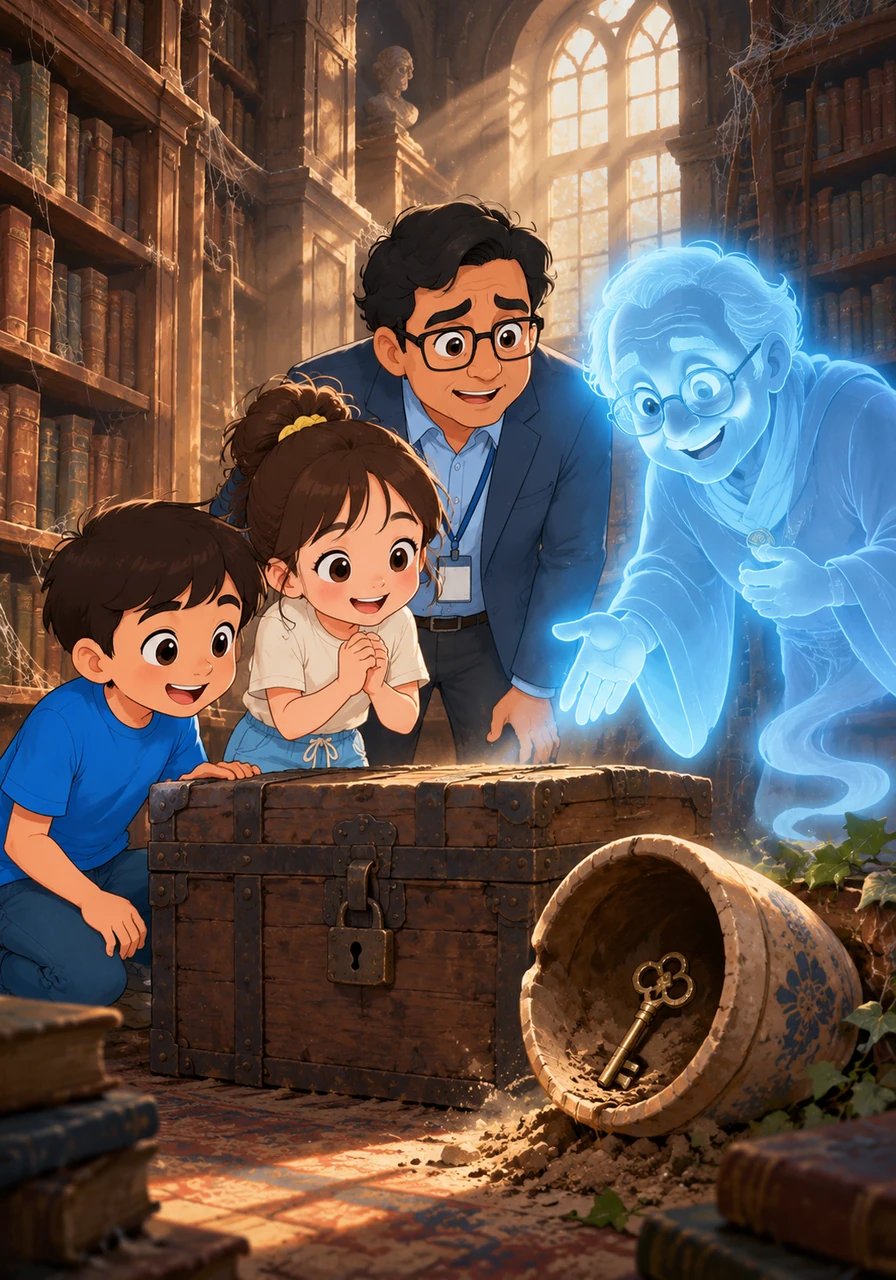 They returned to the rajbari and searched the sprawling library, covered in cobwebs. Vikram found an old, locked wooden chest. One of the ghosts, a helpful spirit who once lost his spectacles, guided them to a hidden key in a flower pot.