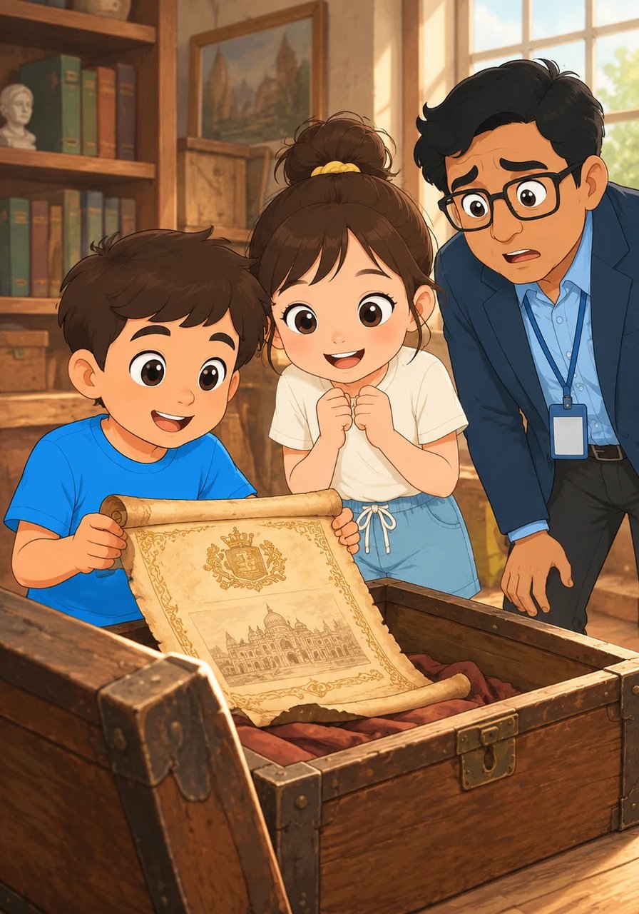Inside the chest, they found an ancient royal decree stating that Shanti Bhavan must always be a center for art and learning. Maya's eyes widened. 'This means it can't be a shopping mall!' she cheered quietly.