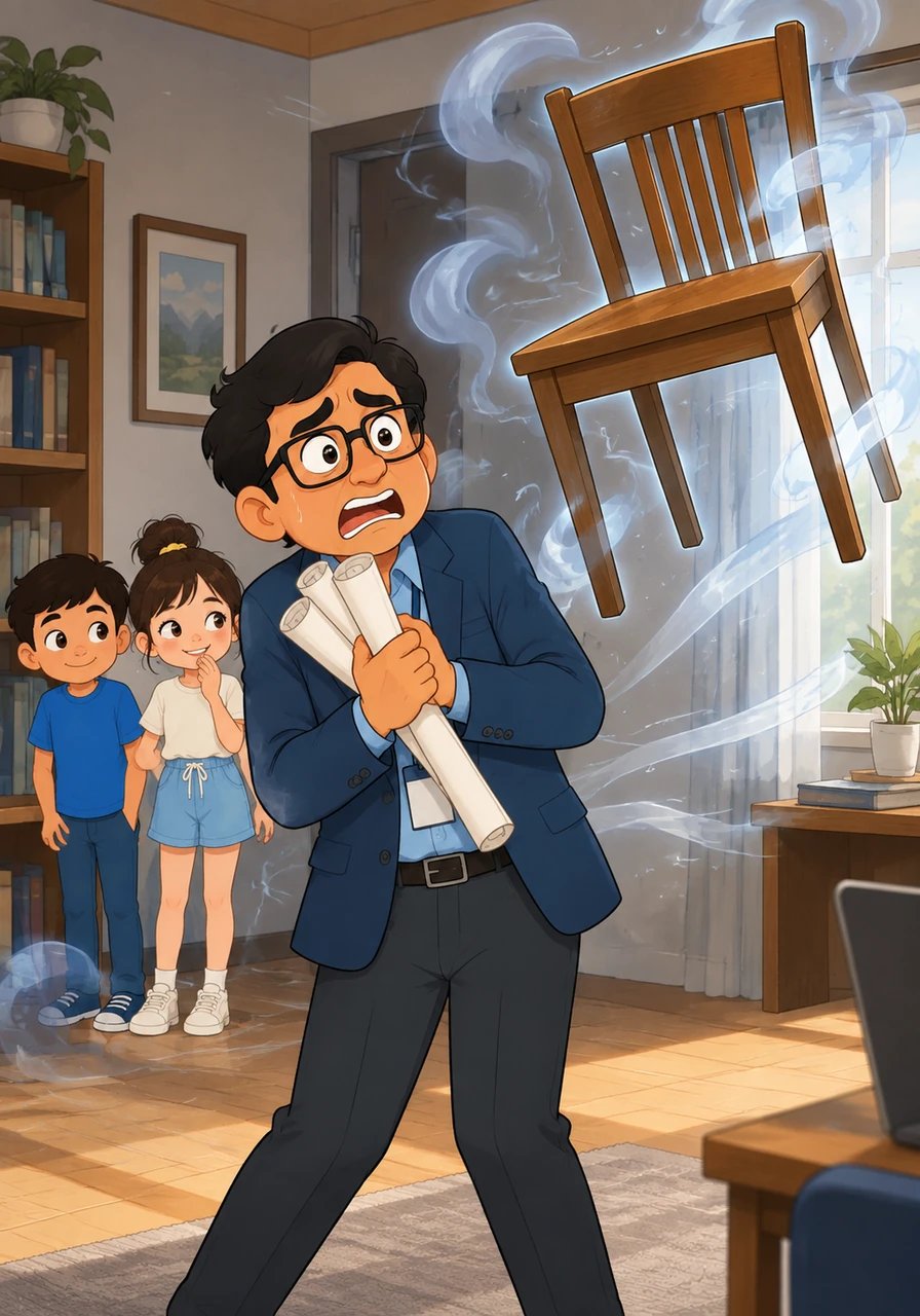 The next day, when Mr. Bose came with his blueprints, the ghosts helped the kids cause strange drafts and make a chair move. The developer got nervous, thinking the place truly was haunted, much to the kids' silent amusement.