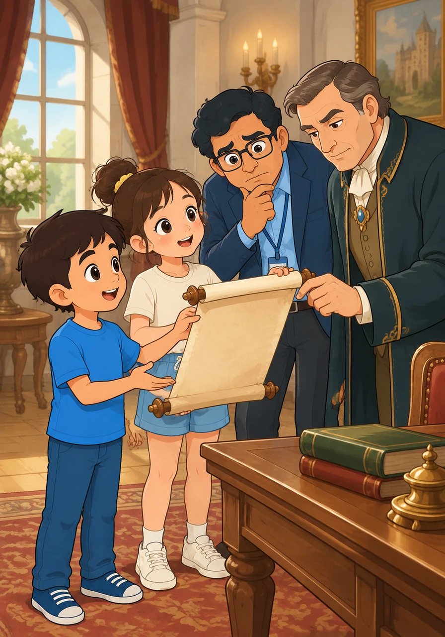 The children bravely stepped forward and showed the royal decree to Mr. Bose and the city counselor who was present. They explained the mansion's history and its intended purpose. The counselor examined the document and nodded thoughtfully.