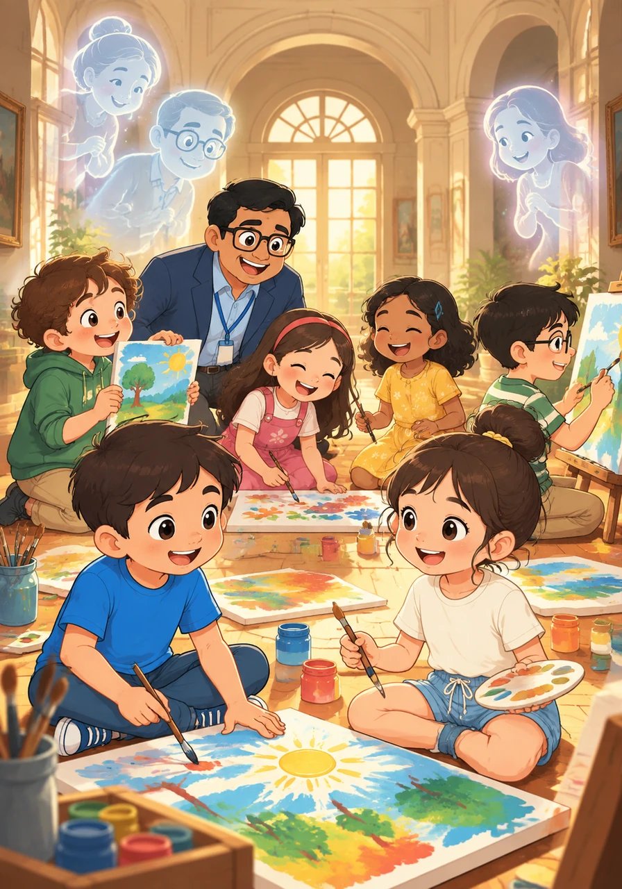 The decree was verified, and Shanti Bhavan was saved, becoming 'The Children's Center for Arts and Storytelling.' In the bright, restored hall, the eight friends were laughing and creating, while the happy ghosts watched over them from the shadows, knowing their home was safe.