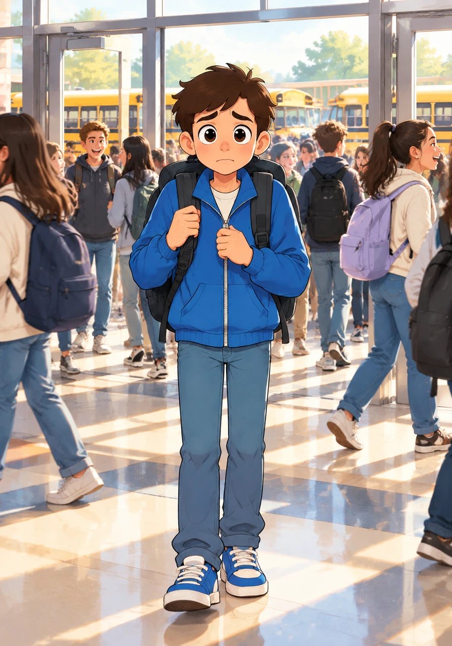 Leo stands at the threshold of Oakridge Middle School, his brand-new backpack feeling heavy against his shoulders. Buses hiss and rumble as swarms of loud, older-looking kids flood through the tall glass doors. He adjusts his jacket zipper, takes a slow breath, and steps into the roaring noise of the main foyer.