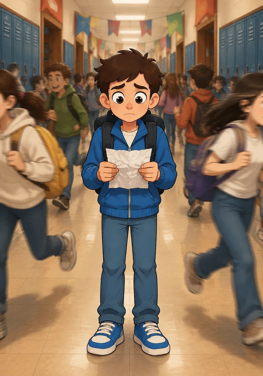 Inside, the endless corridor stretches out like a labyrinth lined with tall metal lockers and bright welcoming banners. Leo glances down at his crumpled paper schedule, trying to match class codes with room numbers while dodging busy students. Every doorway looks identical, and the chatter around him swirls into an intimidating hum.