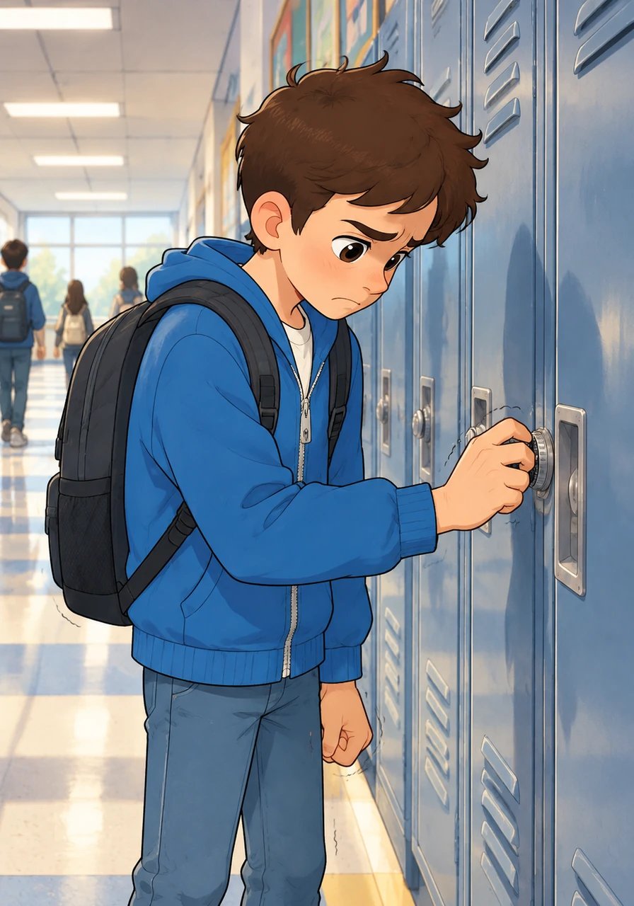 Reaching his assigned locker, Leo stares at the silvery dial on the lock, his fingers trembling slightly. He turns it right, left, and right again, but the heavy door refuses to budge on his third attempt. Dropping his head in brief frustration, he wonders if everyone else was handed a secret instruction manual he missed.