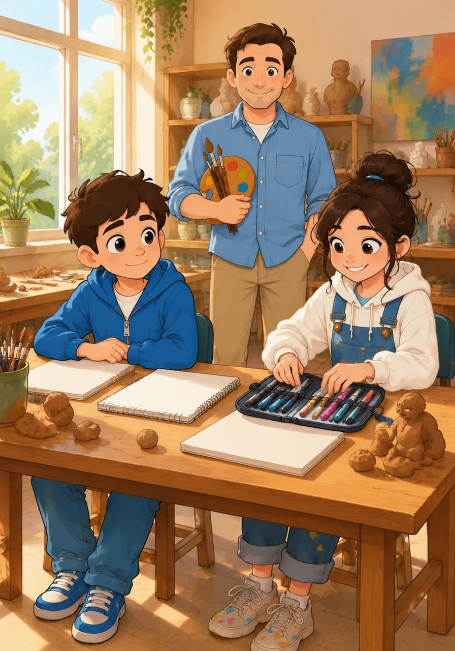 In his first class, Mr. Harrison's art room, sunlight streams through large windows onto tables covered in clay and sketchbooks. Leo takes a seat near the window, feeling his shoulders relax as the teacher invites everyone to doodle their favorite personal memory. Maya, the girl from the hallway, sits at the same table and unfolds her drawing pens.
