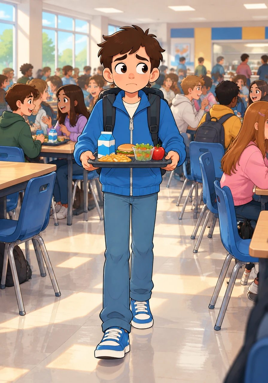 By mid-day, the bustling cafeteria feels like a high-stakes obstacle course packed with clattering trays and booming voices. Leo walks carefully with his lunch tray, eyes scanning the sea of unfamiliar faces for an open spot. For a brief second, a pang of self-doubt bubbles up, making the large room feel overwhelming.