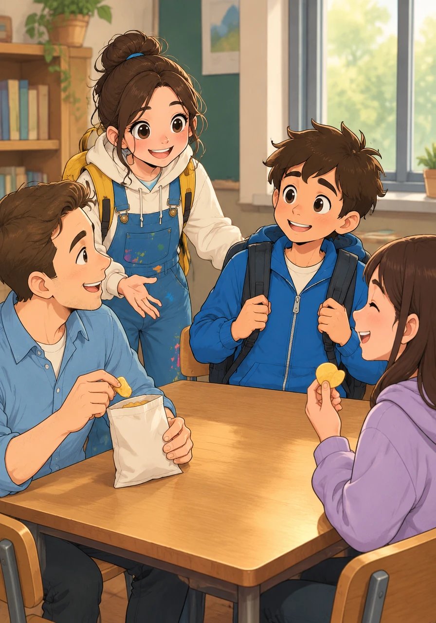 Maya waves him over to a wooden table near the corner where two other students are sharing a bag of pretzels. Sitting down, Leo joins their lively debate about comic book superheroes and drawing techniques, realizing his worries are slowly melting away. Laughter ripples through their corner as they trade stories about their chaotic morning schedules.