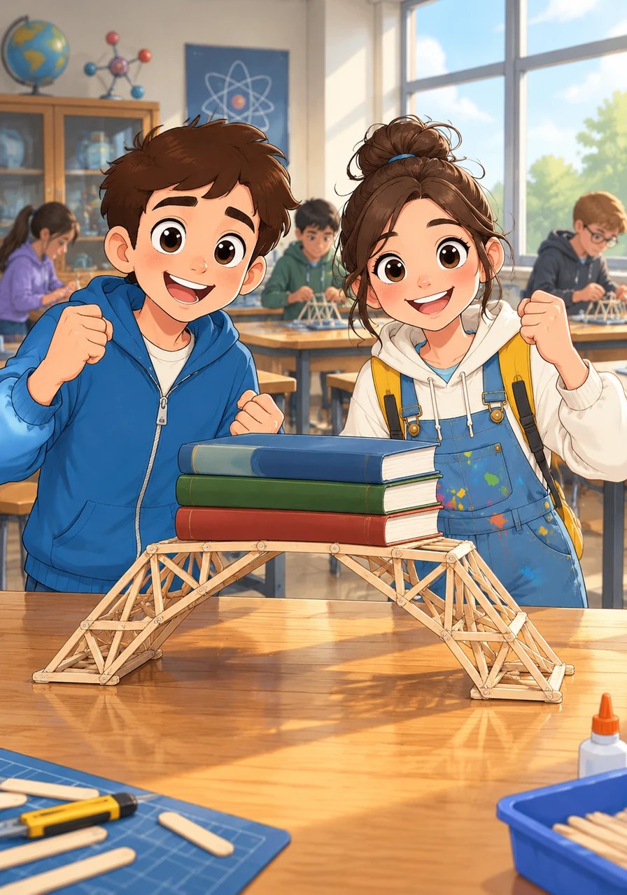 During afternoon science class, the students gather around lab tables to construct small bridge models out of wooden sticks. Working as partners, Leo and his new classmate Sam brainstorm a sturdy triangular arch design together. Their collaborative idea works so well that their bridge holds the weight of three heavy textbooks without bending.