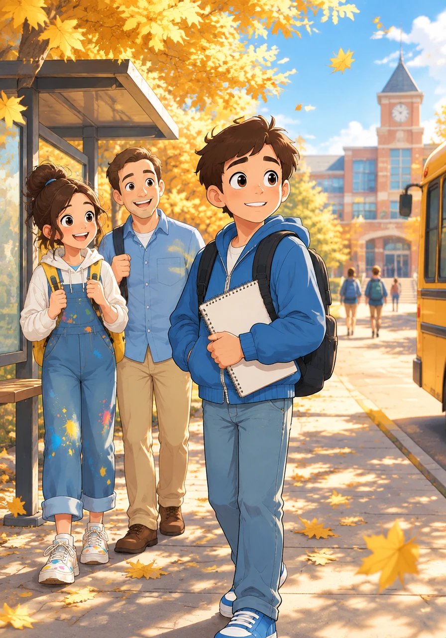 Outside under the crisp afternoon sky, Leo waits by the bus stop with Maya and Sam, laughing under the golden autumn trees. Looking back at the school building, he realizes that stepping into the unknown was not as scary as he feared. With new friends by his side and a sketchbook in hand, he feels completely ready for whatever tomorrow brings.
