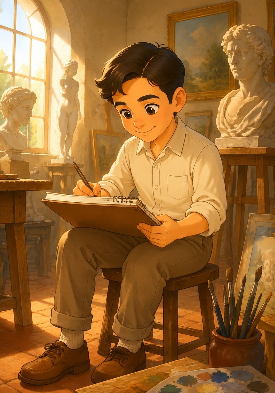 Young Corrado Feroci, surrounded by classical sculptures and paintings in his sunlit Italian studio, finds early inspiration for his lifelong passion for art. He intently sketches in a notebook, dreaming of creating beauty.