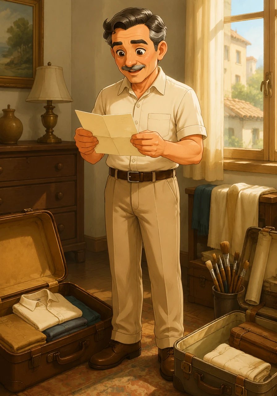 Corrado Feroci reads an unexpected letter inviting him to travel far away to Siam to teach art, his heart filling with excitement and determination as he packs his bags.