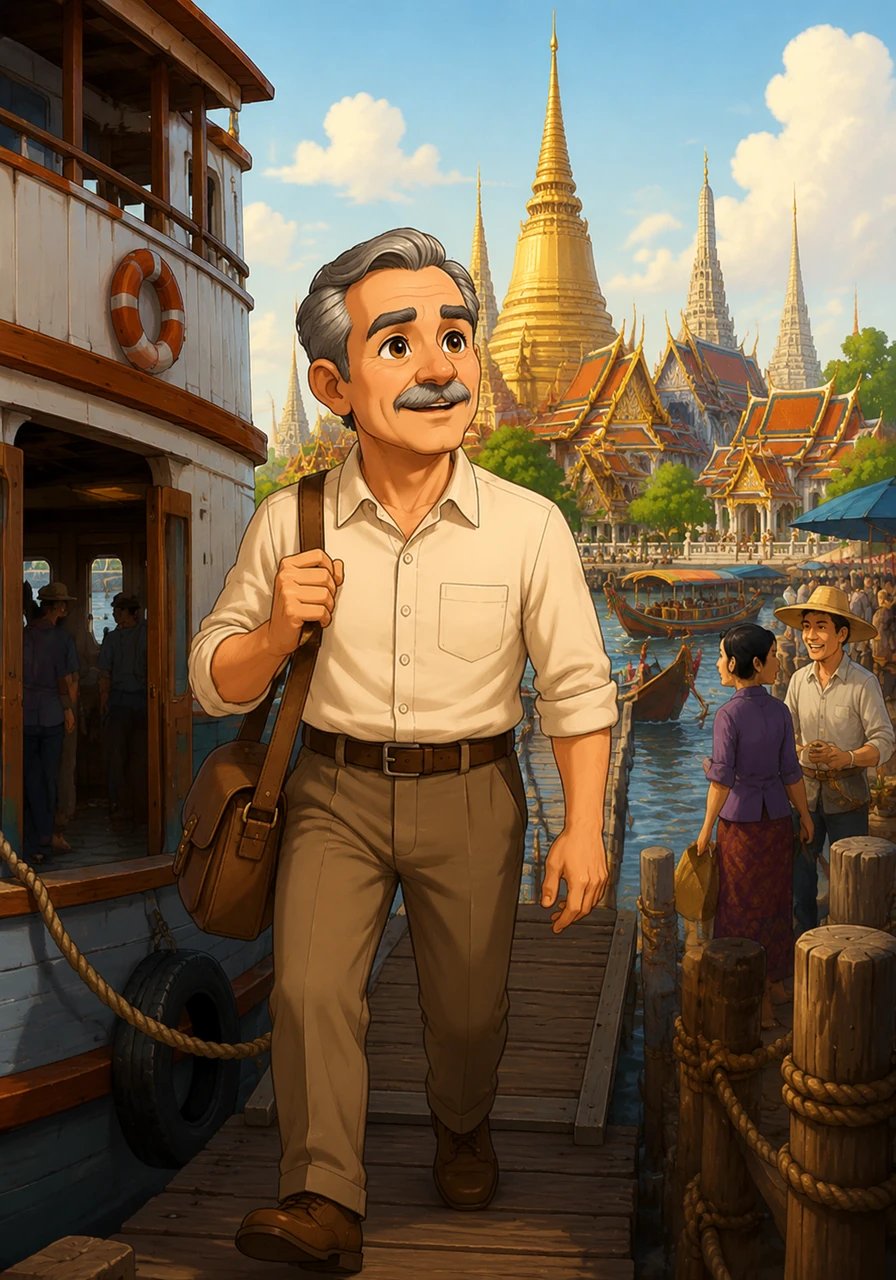 Stepping off a big boat in bustling Bangkok, the young artist is amazed by the glittering temples and vibrant culture of Siam, ready for his new adventure.