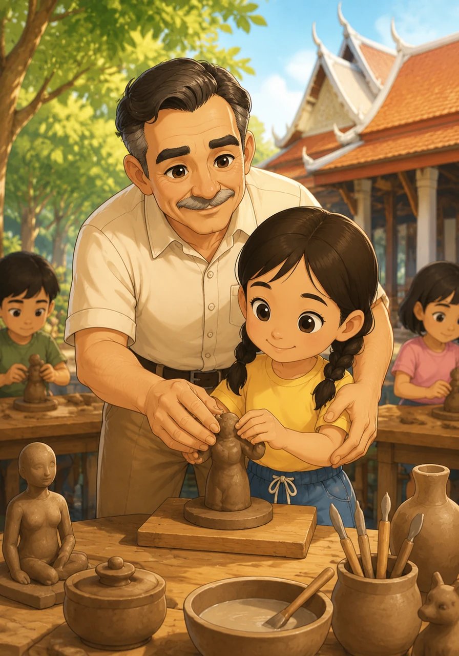 In an open-air classroom, Professor Silpa Bhirasri, as he is now known, gently guides the hands of Thai children molding clay, sharing his love for creation.