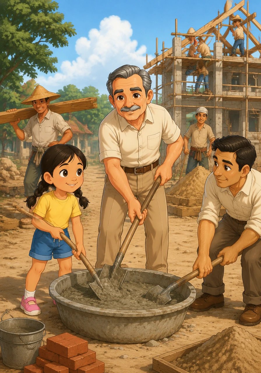 With strong determination, Silpa Bhirasri works alongside his students and local workers to build the first fine arts school, mixing cement and carrying wood under the warm sun.