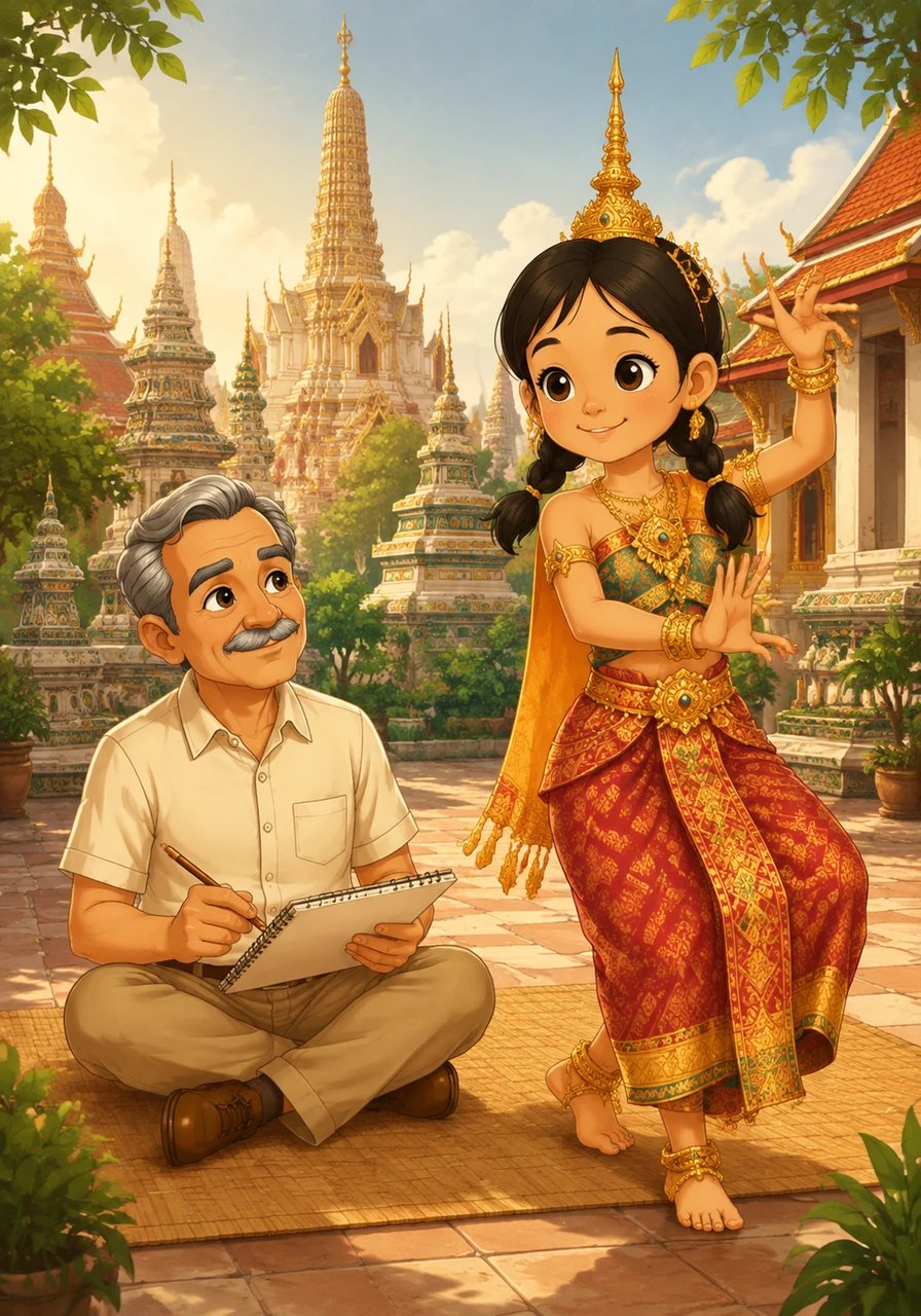 Silpa Bhirasri sits respectfully on a mat in a temple courtyard, carefully observing and sketching a classical Thai dancer to learn from the rich local traditions.