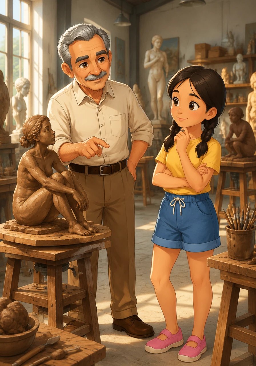 An older Professor Silpa Bhirasri offers warm encouragement to a young adult student in a busy university studio, helping her understand the flow of light on a figure sculpture.