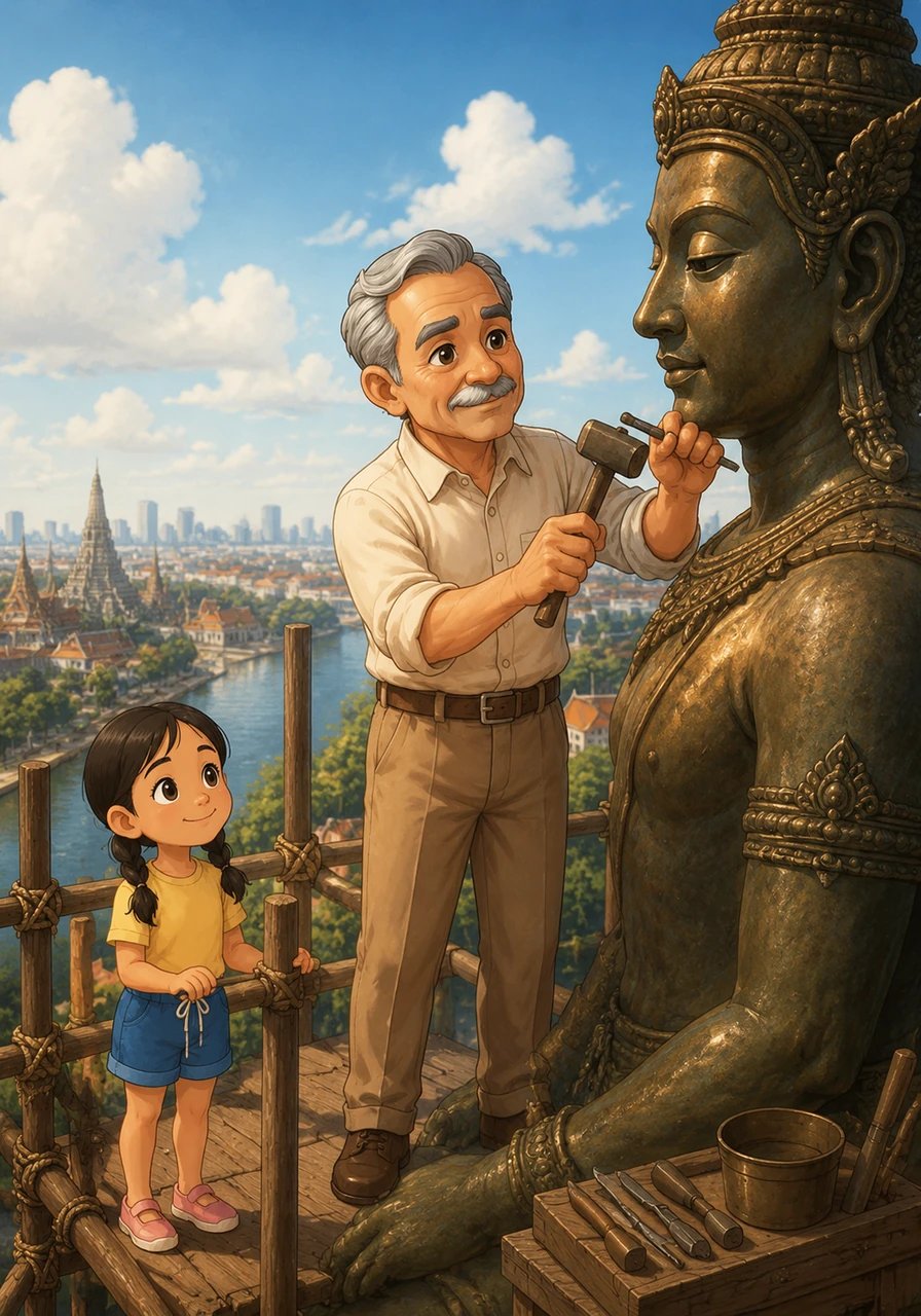 Silpa Bhirasri stands high on scaffolding, focused on sculpting a large, powerful bronze statue that will become a beloved landmark in the developing city of Bangkok.