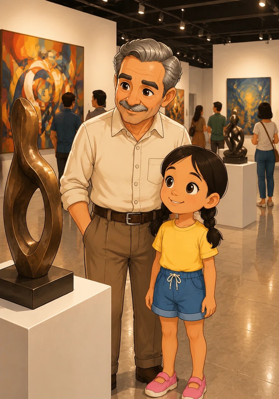 A modern art gallery bustles with visitors admiring diverse paintings and sculptures created by Thai artists, showing how modern art has truly blossomed in the country.