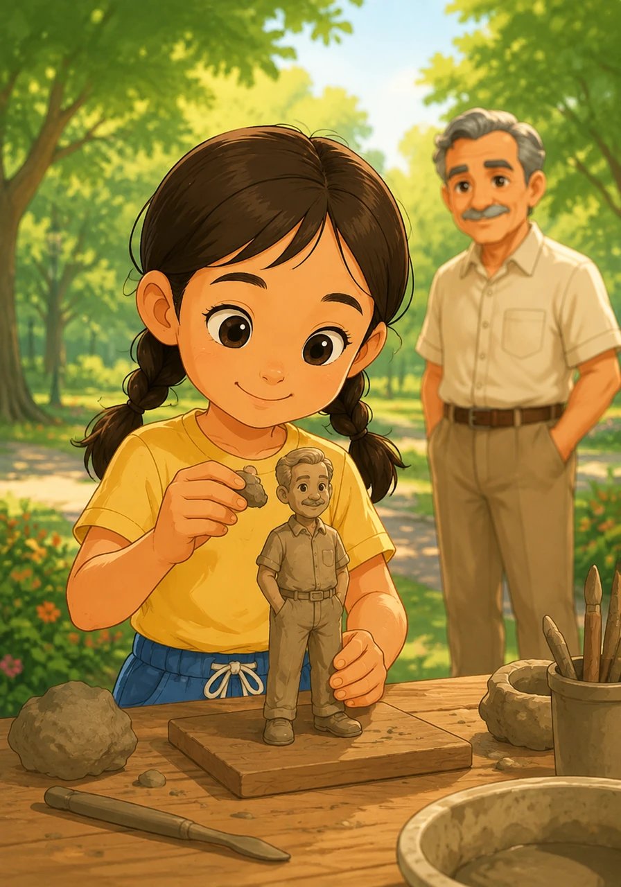 Inspired by seeing Silpa Bhirasri's work, a young girl in a park picks up a piece of clay and starts to shape her own small figure, carrying the spark of creativity forward.
