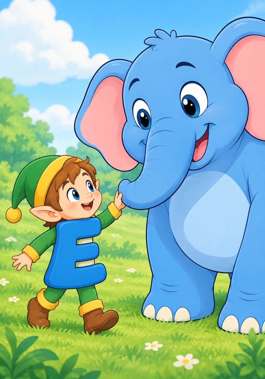 CAMMINANDO SUL MORBIDO MANTO DI ERBA VERDE, ELICA INCONTRÒ ERNESTO, UN ENORME ELEFANTE MOLTO GENTILE E SORRIDENTE.