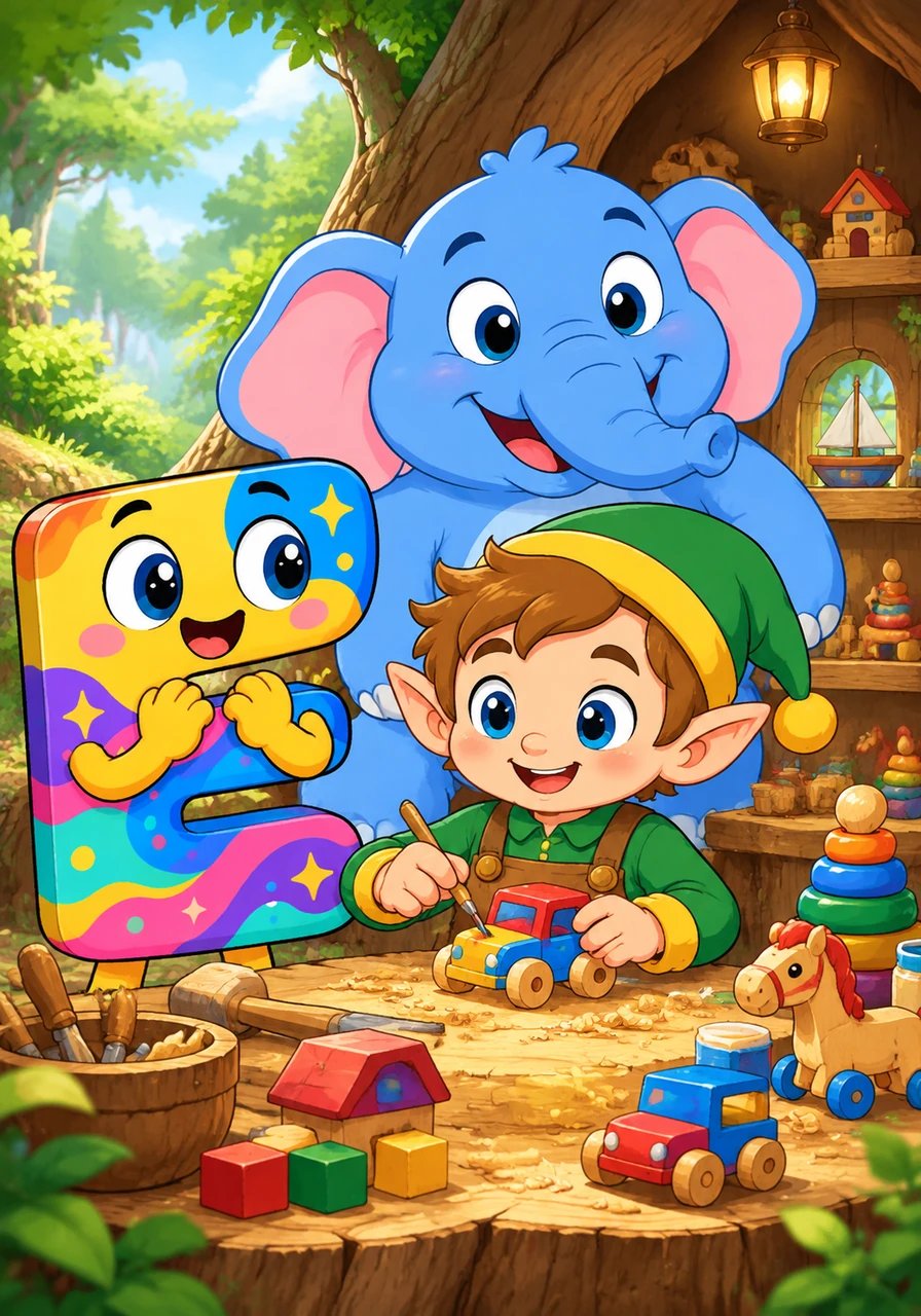 ERNESTO L'ELEFANTE SI UNÌ ALL'AVVENTURA E PRESTO TROVARONO ELVIO, UN PICCOLO ELFO SIMPATICO CHE COSTRUIVA GIOCATTOLI IN UN ALBERO.