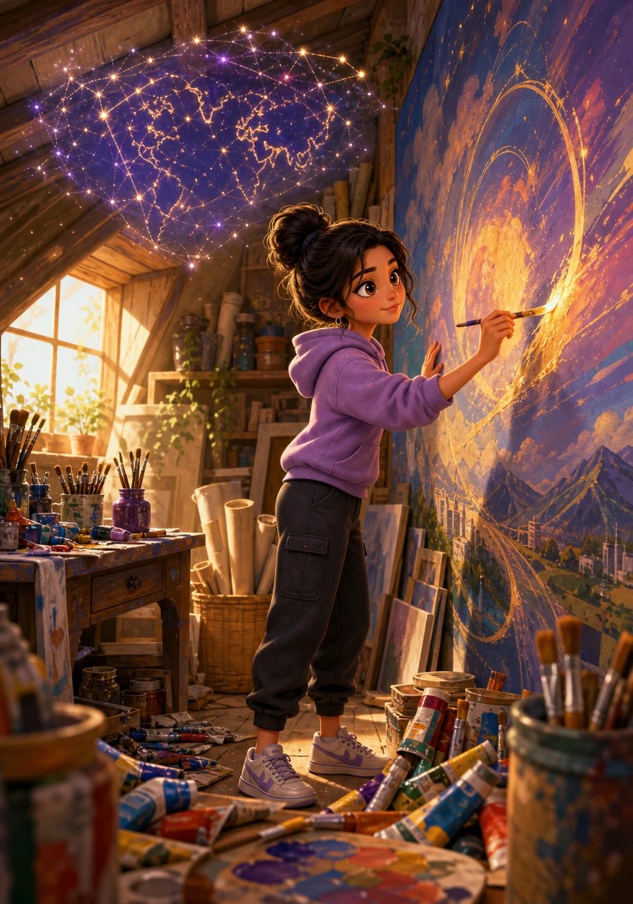 In a cozy, sunlit attic studio brimming with vibrant paint tubes and overflowing canvases, Maya carefully brushes glowing golden strokes onto a massive mural. Each brushstroke teaches her patience, focus, and the quiet beauty of turning imaginative ideas into reality. High above her desk, a glowing constellation map flickers, hinting at her dream to paint something that touches the entire world.