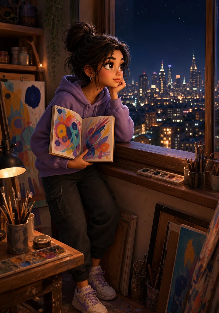 Maya leans against her studio windowsill at night, gazing at the sprawling city lights below while holding a sketchbook filled with vibrant designs. She envisions a bridge between her artistic passion and the digital universe, wondering how lines of code could breathe real-life color into everyday problems. Her heart sparkles with ambition as she decides to combine art with technology.