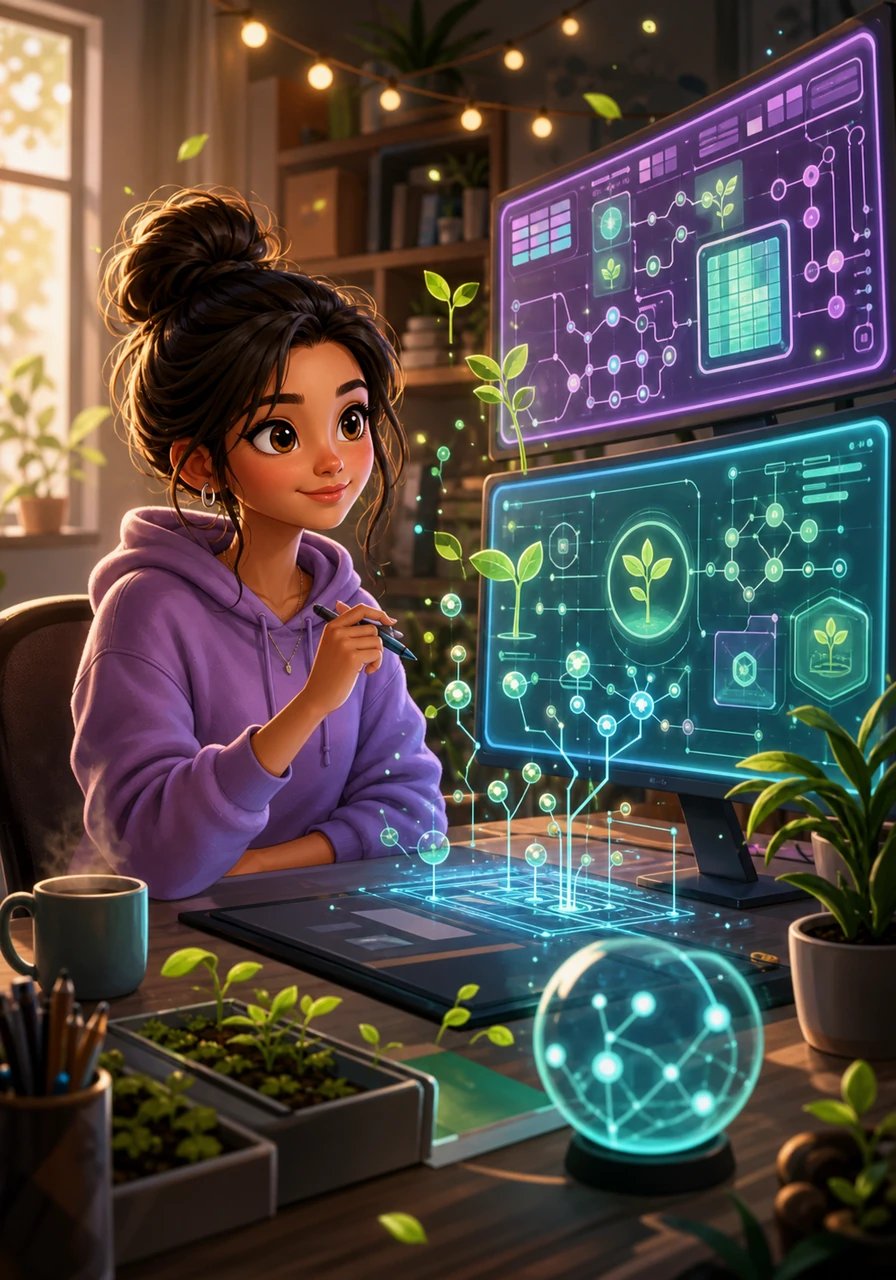 Sitting before dual glowing monitors framed by hanging fairy lights, Maya begins writing her very first algorithms, blending bright pastel wireframes with intricate lines of code. With a determined smile, she conceptualizes Agri Sense Pro, an intelligent crop advisory platform designed to help local farmers read the secrets of their soil. Her desk transforms into a vibrant workshop of digital green sprouts and glowing data nodes.