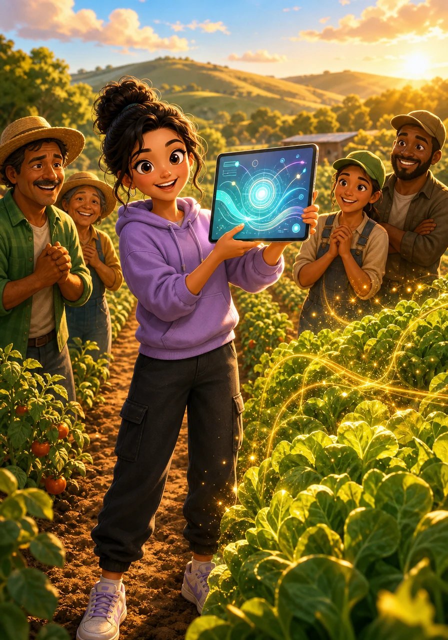 Maya visits a local community farm to test Agri Sense Pro, holding up her sleek tablet against rows of thriving crops under a golden afternoon sun. As the app seamlessly analyzes soil health and offers real-time water predictions, the farmers smile with newfound hope and gratitude. Maya feels a rush of joy seeing her virtual brushstrokes transform into tangible nourishment for the earth.