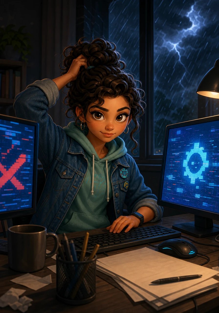 Late one stormy evening, blue error messages flash across Maya's screens, threatening to crash the complex solar prediction algorithms of Solar IQ. Frustration weighs heavily on her shoulders, but she takes a deep breath, recalling the patience she mastered while waiting for thick oil paints to dry. She ties back her hair, refuels her inner spark, and dives back into debugging line by line.