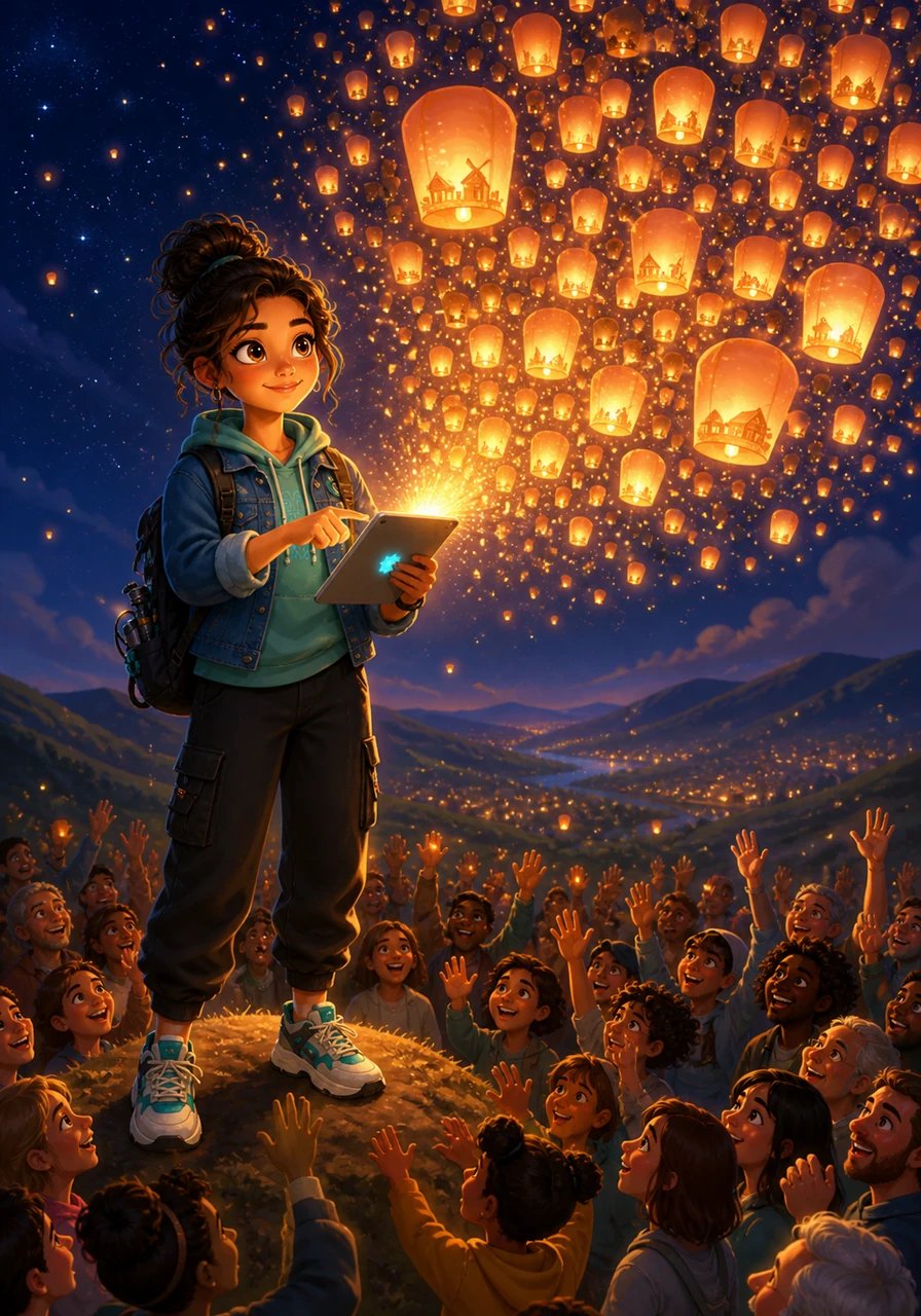 As night falls over a grand hilltop gathering, Maya taps Launch on her device, releasing thousands of radiant, glowing digital lanterns into the starry night sky. Each floating lantern represents a farm empowered by Agri Sense Pro or a home energized by Solar IQ, casting a warm, magical glow over the cheering crowd below.