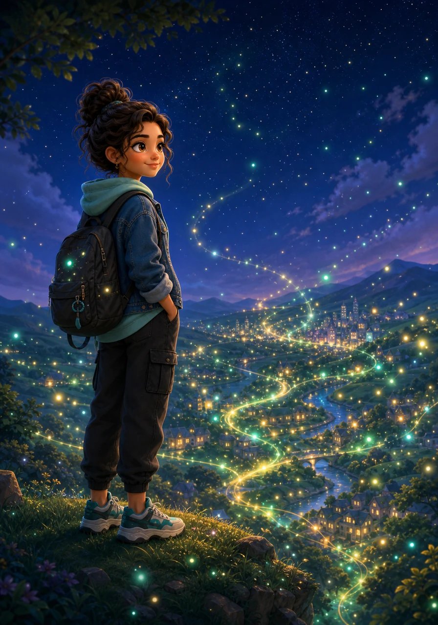 Standing atop the hill under a brilliant tapestry of floating lights, Maya looks out at the world she has helped illuminate. She realizes that her dream was never just about painting pictures on canvas, but about using her creativity and code to paint a brighter, greener, and more hopeful future for everyone.